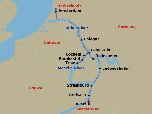 11 Night - Rhine & Moselle Fairytales - AmaCerto - Starting in Amsterdam, Cologne, Lahnstein, Moselle Valley, Cochem, Moselle Valley, Trier, Bernkastel, Rudesheim, Ludwigshafen, Strasbourg, Breisach, Basel itinerary map
