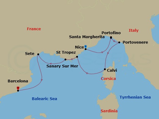7 Night - Yachting Gems of the French and Italian Rivieras - Emerald Sakara - Starting in Nice, France, Santa Margherita Ligure, Italy / Portofino, Italy, Porto Venere, Italy, Calvi, France, Saint-Tropez, France, Sanary-sur-Mer, France, Sete, France, Barcelona, Spain itinerary map
