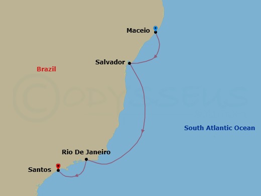 4 Night - Transatlantic from Maceio - Costa Diadema - Starting in Maceio, Salvador Bahia, Rio De Janeiro, Santos (Sao Paulo) itinerary map