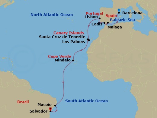 17 Night - Transatlantic from Barcelona - Costa Diadema - Starting in Barcelona, Malaga, Cadiz, Lisbon, Las Palmas (Gran Canaria), Santa Cruz de Tenerife, Mindelo (Sao Vicente), Maceio, Salvador Bahia itinerary map