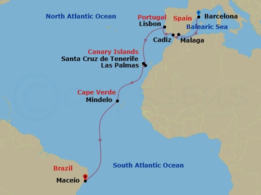 16 Night - Transatlantic from Barcelona - Costa Diadema - Starting in Barcelona, Malaga, Cadiz, Lisbon, Las Palmas (Gran Canaria), Santa Cruz de Tenerife, Mindelo (Sao Vicente), Maceio itinerary map