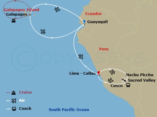 15 Night - Exploring Galapagos, Machu Picchu and Peru's Land of the Inca - National Geographic Endeavour II Tours - Starting in Quito, Ecuador, Quito / Galapagos Islands / Embark Ship, Galapagos Islands, Galapagos Islands / Disembark Ship / Quito / Lima, Peru, Lima, Lima / Cusco / Sacred Valley, Sacred Valley, Sacred Valley / Machu Picchu, Machu Picchu / Cusco, Cusco, Cusco / Lima itinerary map