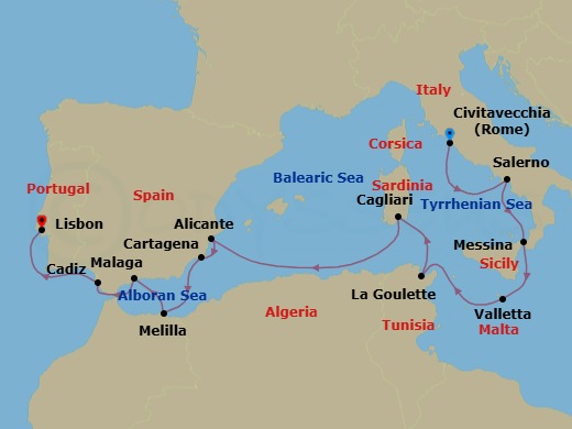 13 Night - Italia to Iberian Treasures - Oceania Sonata - Starting in Rome (Civitavecchia), Salerno, Messina (Sicily), Valletta, Tunis (La Goulette), Cagliari (Sardinia), Alicante, Cartagena ES, Melilla, Malaga, Seville (Cadiz), Lisbon itinerary map