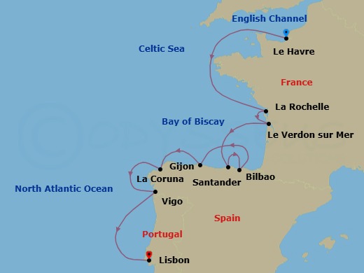 11 Night - French & Spanish Revelation - Oceania Sonata - Starting in Paris (Le Havre), La Rochelle, France, Bordeaux (Le Verdon), Santander, Bilbao, Gijon, Spain, La Coruna, Santiago De Compostela (Vigo), Lisbon itinerary map