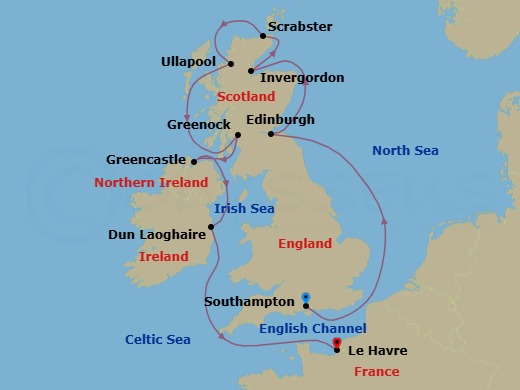 10 Night - Celtic Moorlands Odyssey - Oceania Sonata - Starting in London (Southampton), Edinburgh (Newhaven), Invergordon, United Kingdom, Scrabster, Ullapool, Glasgow (Greenock), Greencastle, Dublin (Dun Laoghaire), Paris (Le Havre) itinerary map