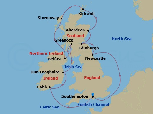 12 Night - Emerald & Highland Passage - Oceania Sonata - Starting in London (Southampton), Cork (Cobh), Dublin (Dun Laoghaire), Glasgow (Greenock), Belfast, Stornoway (Hebrides), Kirkwall (Orkney Islands), Aberdeen, Edinburgh (Newhaven), Newcastle UK, London (Southampton) itinerary map