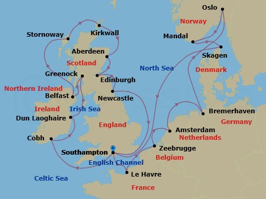 23 Night - British & Nordic Wonders - Oceania Sonata - Starting in London (Southampton), Paris (Le Havre), Bruges (Zeebrugge), Amsterdam, Hamburg (Bremerhaven), Oslo, Mandal, Skagen, London (Southampton), Cork (Cobh), Dublin (Dun Laoghaire), Glasgow (Greenock), Belfast, Stornoway (Hebrides), Kirkwall (Orkney Islands), Aberdeen, Edinburgh (Newhaven), Newcastle UK, London (Southampton) itinerary map
