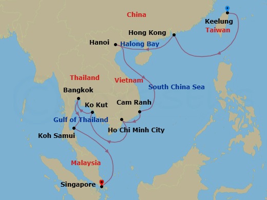 14 Night - Empires of the Eastern Sea - Oceania Riviera - Starting in Taipei (Keelung), Cruising the South China Sea, Hong Kong, Hanoi (Ha Long Bay), Cam Ranh, Ho Chi Minh City (Phu My), Ko Kood, Bangkok, Ko Samui, Cruising the Gulf of Thailand, Singapore itinerary map