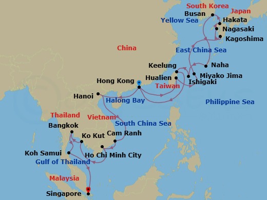 26 Night - Jewels of the China Seas - Oceania Riviera - Starting in Hong Kong, Hualien, Miyakojima (Hirara), Kagoshima, Nagasaki, Fukuoka (Hakata), Busan, Okinawa (Naha), Ishigaki, Taipei (Keelung), Cruising the South China Sea, Hong Kong, Hanoi (Ha Long Bay), Cam Ranh, Ho Chi Minh City (Phu My), Ko Kood, Bangkok, Ko Samui, Cruising the Gulf of Thailand, Singapore itinerary map