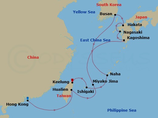 12 Night - Pacific Rim Explorer - Oceania Riviera - Starting in Hong Kong, Hualien, Miyakojima (Hirara), Kagoshima, Nagasaki, Fukuoka (Hakata), Busan, Okinawa (Naha), Ishigaki, Taipei (Keelung) itinerary map
