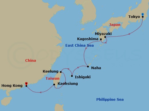 11 Night - Pacific Shores & Temples - Oceania Riviera - Starting in Tokyo, Miyazaki (Aburatsu), Kagoshima, Okinawa (Naha), Ishigaki, Taipei (Keelung), Kaohsiung, Hong Kong itinerary map