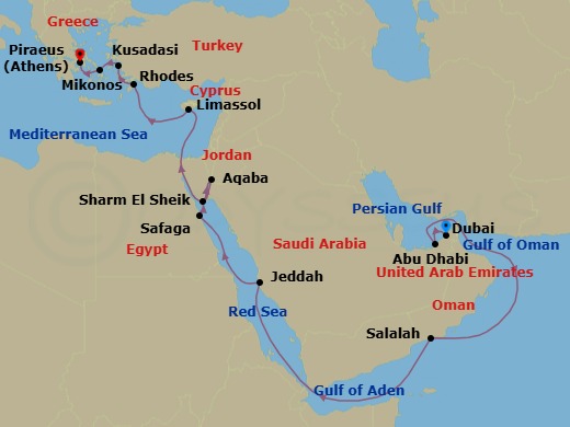 21 Night - Ancient Sands to Aegean Sea - Oceania Marina - Starting in Dubai, Abu Dhabi, Salalah, Jeddah, Luxor (Safaga), Sharm El-Sheikh, Aqaba, Suez Canal (Transit), Limassol, Rhodes, Ephesus (Kusadasi), Mykonos, Athens (Piraeus) itinerary map