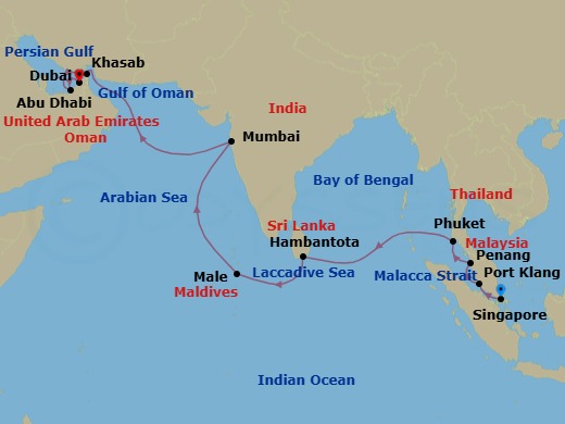16 Night - Asian & Arabian Awakenings - Oceania Marina - Starting in Singapore, Kuala Lumpur (Port Klang), Penang, Phuket, Hambantota, Male, Mumbai, Khasab, Abu Dhabi, Dubai itinerary map