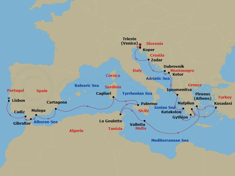 22 Night - Balkan & Balearic Bliss - Oceania Allura - Starting in Lisbon, Seville (Cadiz), Gibraltar, Malaga, Cartagena ES, Cagliari (Sardinia), Palermo (Sicily), Tunis (La Goulette), Valletta, Athens (Piraeus), Ephesus (Kusadasi), Nafplion, Gythion, Katakolon, Igoumenitsa, Kotor, Dubrovnik, Croatia, Zadar, Koper, Trieste itinerary map