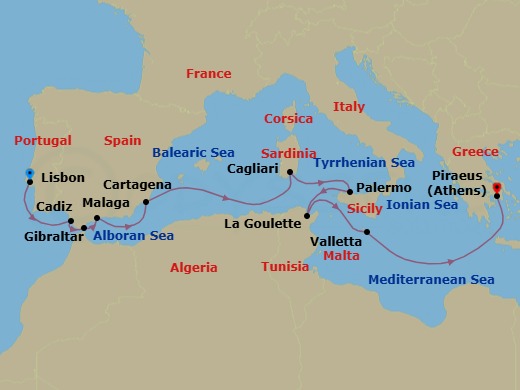 12 Night - Iberian-Ionian Odyssey - Oceania Allura - Starting in Lisbon, Seville (Cadiz), Gibraltar, Malaga, Cartagena ES, Cagliari (Sardinia), Palermo (Sicily), Tunis (La Goulette), Valletta, Athens (Piraeus) itinerary map