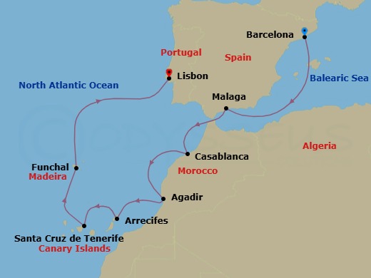9 Night - Iberia & Atlantic Gems - Oceania Allura - Starting in Barcelona, Malaga, Casablanca, Agadir, Arrecife (Lanzarote), Santa Cruz de Tenerife, Funchal (Madeira), Lisbon itinerary map