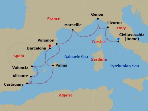 10 Night - Italian & Iberian Escapade - Oceania Allura - Starting in Rome (Civitavecchia), Florence / Pisa / Tuscany (Livorno), Genoa, Provence (Marseille), Palamos, Palma De Mallorca, Cartagena ES, Alicante, Valencia, Barcelona itinerary map