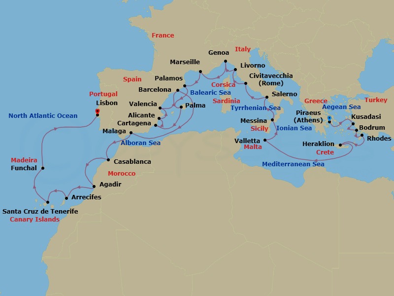 28 Night - Atlantic & Iberian Allure - Oceania Allura - Starting in Athens (Piraeus), Ephesus (Kusadasi), Bodrum, Rhodes, Heraklion (Crete), Valletta, Messina (Sicily), Salerno, Rome (Civitavecchia), Florence / Pisa / Tuscany (Livorno), Genoa, Provence (Marseille), Palamos, Palma De Mallorca, Cartagena ES, Alicante, Valencia, Barcelona, Malaga, Casablanca, Agadir, Arrecife (Lanzarote), Santa Cruz de Tenerife, Funchal (Madeira), Lisbon itinerary map