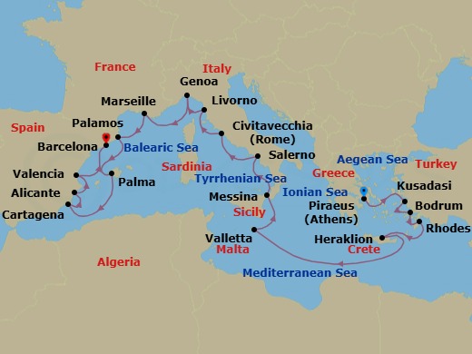 19 Night - Antiquity to Catalonia - Oceania Allura - Starting in Athens (Piraeus), Ephesus (Kusadasi), Bodrum, Rhodes, Heraklion (Crete), Valletta, Messina (Sicily), Salerno, Rome (Civitavecchia), Florence / Pisa / Tuscany (Livorno), Genoa, Provence (Marseille), Palamos, Palma De Mallorca, Cartagena ES, Alicante, Valencia, Barcelona itinerary map