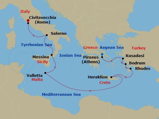 9 Night - Aegean & Ionian Antiquities - Oceania Allura - Starting in Athens (Piraeus), Ephesus (Kusadasi), Bodrum, Rhodes, Heraklion (Crete), Valletta, Messina (Sicily), Salerno, Rome (Civitavecchia) itinerary map