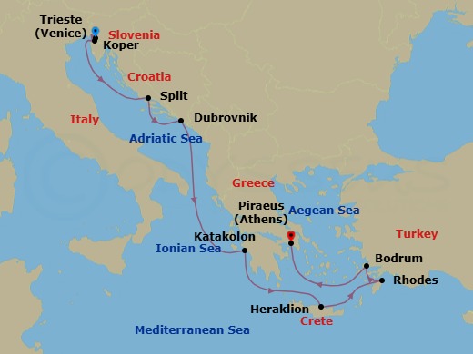 9 Night - Empires of the Adriatic - Oceania Allura - Starting in Trieste, Koper, Split, Dubrovnik, Croatia, Katakolon, Heraklion (Crete), Rhodes, Bodrum, Athens (Piraeus) itinerary map