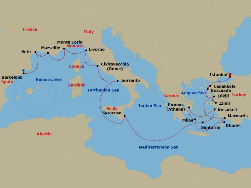 21 Night - Adriatic to Byzantium - Oceania Marina - Starting in Barcelona, Sete, Provence (Marseille), Monte Carlo, Florence / Pisa / Tuscany (Livorno), Rome (Civitavecchia), Sorrento / Capri, Syracuse IT (Sicily), Santorini, Ephesus (Kusadasi), Athens (Piraeus), Milos, Rhodes, Marmaris, Izmir, Pergamum (Dikili), Bozcaada (Troy), Canakkale (Troy), Istanbul itinerary map