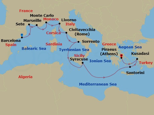 12 Night - Azure & Aegean Odyssey - Oceania Marina - Starting in Barcelona, Sete, Provence (Marseille), Monte Carlo, Florence / Pisa / Tuscany (Livorno), Rome (Civitavecchia), Sorrento / Capri, Syracuse IT (Sicily), Santorini, Ephesus (Kusadasi), Athens (Piraeus) itinerary map