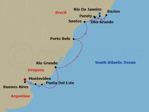 10 Night - Brazil to Rio De La Plata - Oceania Aurelia - Starting in Rio De Janeiro, Ilha Grande, Brazil, Buzios, Brazil, Parati, Sao Paulo (Santos), Porto Belo, Rio Grande, Punta Del Este, Montevideo, Buenos Aires itinerary map