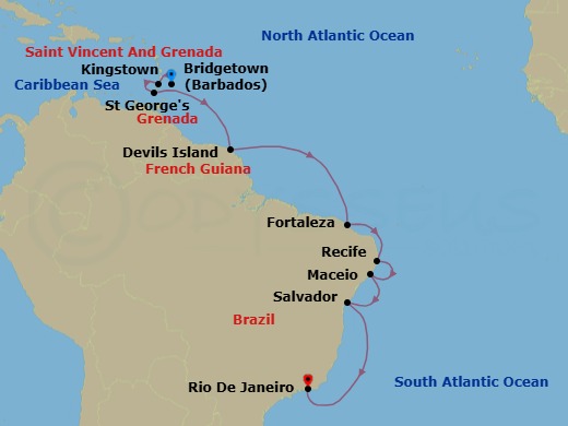 14 Night - Brazilian Coastal Odyssey - Oceania Aurelia - Starting in Bridgetown, Kingstown, St Georges, Devils Island, Fortaleza, Recife, Maceio, Salvador, Rio De Janeiro itinerary map