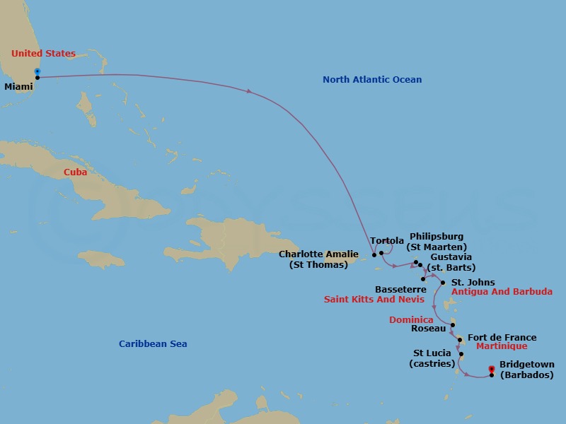 12 Night - Caribbean Breezes - Oceania Aurelia - Starting in Miami, Charlotte Amalie, Tortola, Philipsburg, Gustavia, Basseterre, St Johns, Roseau, Fort-de-France, Castries, Bridgetown itinerary map