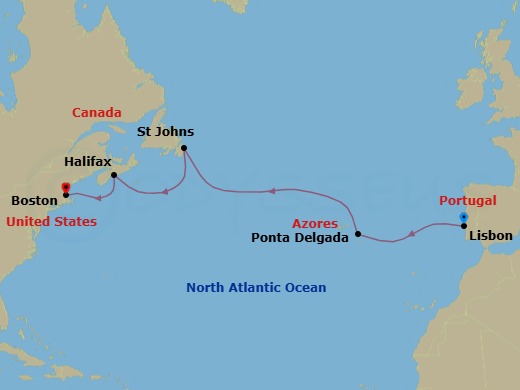 11 Night - Azores Atlantic Passage - Oceania Aurelia - Starting in Lisbon, Ponta Delgada (Azores), St Johns, Halifax, Boston itinerary map