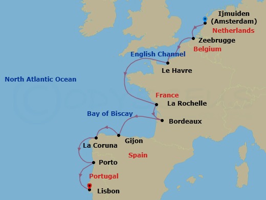 11 Night - Chateaux & Coastal Charms - Oceania Aurelia - Starting in Ijmuiden, Bruges (Zeebrugge), Paris (Le Havre), La Rochelle, France, Bordeaux, Gijon, Spain, La Coruna, Oporto, Lisbon itinerary map