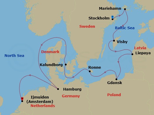 11 Night - Hanseatic Harbors - Oceania Aurelia - Starting in Stockholm, Mariehamn, Visby, Sweden, Liepaja, Gdansk (Gdynia), Ronne (Bornholm), Kalundborg, Kiel Canal Transit, Hamburg, Ijmuiden itinerary map
