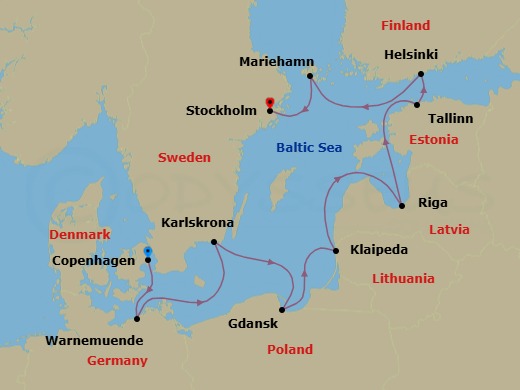 10 Night - Baltic Sea Serenade - Oceania Aurelia - Starting in Copenhagen, Berlin (Warnemunde), Karlskrona, Gdansk, Klaipeda, Riga, Tallinn, Helsinki, Mariehamn, Stockholm itinerary map