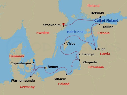 13 Night - Baltic Jewels & Norse Lore - Oceania Vista - Starting in Copenhagen, Berlin (Warnemunde), Ronne (Bornholm), Gdansk (Gdynia), Klaipeda, Liepaja, Visby, Sweden, Riga, Tallinn, Helsinki, Stockholm itinerary map