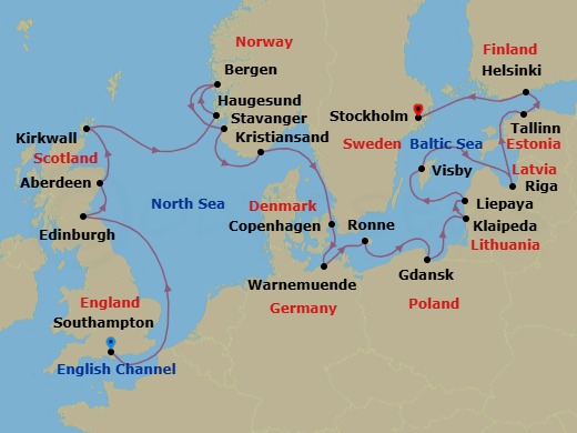 23 Night - Fjordlands to Baltic Gems - Oceania Vista - Starting in London (Southampton), Edinburgh (Newhaven), Aberdeen, Kirkwall (Orkney Islands), Haugesund, Bergen, Stavanger, Kristiansand, Copenhagen, Berlin (Warnemunde), Ronne (Bornholm), Gdansk (Gdynia), Klaipeda, Liepaja, Visby, Sweden, Riga, Tallinn, Helsinki, Stockholm itinerary map