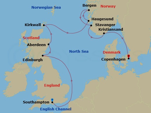 10 Night - Legends of the North Sea - Oceania Vista - Starting in London (Southampton), Edinburgh (Newhaven), Aberdeen, Kirkwall (Orkney Islands), Haugesund, Bergen, Stavanger, Kristiansand, Copenhagen itinerary map