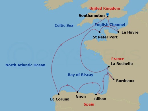 12 Night - Gallic & Iberian Shores - Oceania Vista - Starting in London (Southampton), Paris (Le Havre), St Peter Port, Guernsey, La Rochelle, France, Bordeaux, Bilbao, Gijon, Spain, La Coruna, London (Southampton) itinerary map