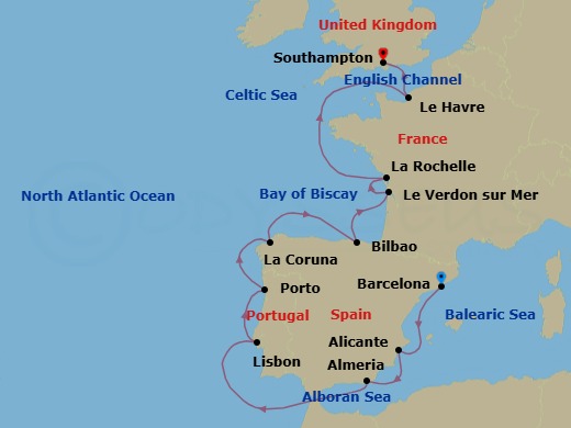 12 Night - Western European Pathways - Oceania Vista - Starting in Barcelona, Alicante, Almeria, Lisbon, Oporto, La Coruna, Bilbao, Bordeaux (Le Verdon), La Rochelle, France, Paris (Le Havre), London (Southampton) itinerary map