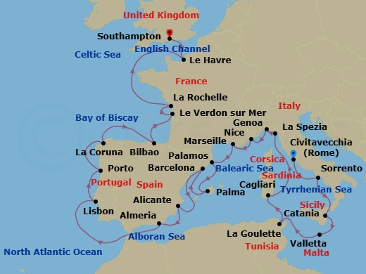 26 Night - Renaissance to Regency Shores - Oceania Vista - Starting in Rome (Civitavecchia), Sorrento / Capri, Catania (Sicily), Valletta, Tunis (La Goulette), Cagliari (Sardinia), Cinque Terre (La Spezia), Genoa, Nice, Provence (Marseille), Palamos, Palma De Mallorca, Barcelona, Alicante, Almeria, Lisbon, Oporto, La Coruna, Bilbao, Bordeaux (Le Verdon), La Rochelle, France, Paris (Le Havre), London (Southampton) itinerary map