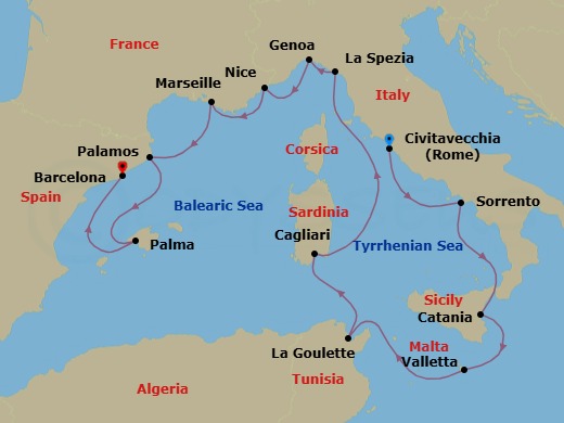 14 Night - Mediterranean Masterpieces - Oceania Vista - Starting in Rome (Civitavecchia), Sorrento / Capri, Catania (Sicily), Valletta, Tunis (La Goulette), Cagliari (Sardinia), Cinque Terre (La Spezia), Genoa, Nice, Provence (Marseille), Palamos, Palma De Mallorca, Barcelona itinerary map