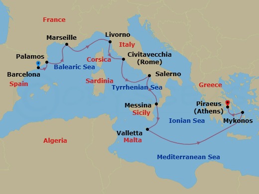10 Night - Catalonia to Greek Isles - Oceania Sonata - Starting in Barcelona, Palamos, Provence (Marseille), Florence / Pisa / Tuscany (Livorno), Rome (Civitavecchia), Salerno, Messina (Sicily), Valletta, Mykonos, Athens (Piraeus) itinerary map