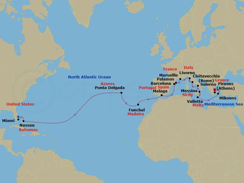24 Night - Azores to Ancient Shores - Oceania Sonata - Starting in Miami, Nassau, Ponta Delgada (Azores), Funchal (Madeira), Malaga, Barcelona, Palamos, Provence (Marseille), Florence / Pisa / Tuscany (Livorno), Rome (Civitavecchia), Salerno, Messina (Sicily), Valletta, Mykonos, Athens (Piraeus) itinerary map