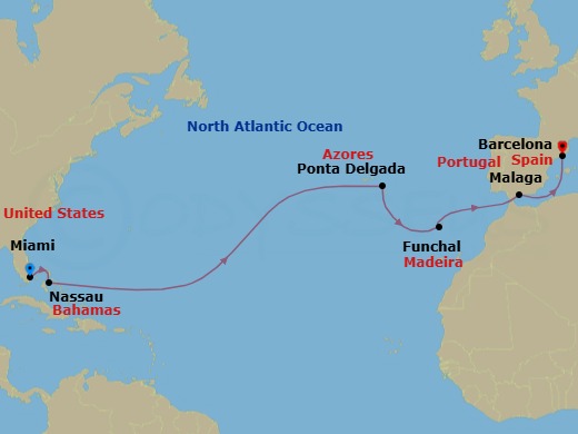 14 Night - Tropics to Iberia Crossing - Oceania Sonata - Starting in Miami, Nassau, Ponta Delgada (Azores), Funchal (Madeira), Malaga, Barcelona itinerary map