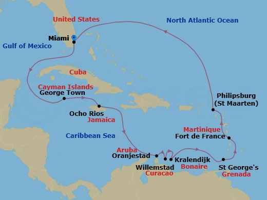 14 Night - Antillean Azure Panorama - Oceania Sonata - Starting in Miami, George Town, Ocho Rios, Jamaica, Oranjestad, Willemstad AN, Kralendijk, St Georges, Fort-de-France, Philipsburg, Miami itinerary map