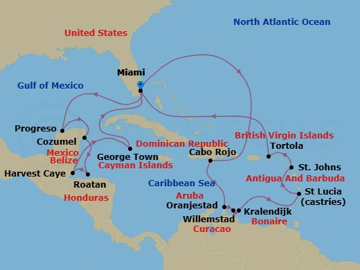 23 Night - Festive Antilles Adventure - Oceania Sonata - Starting in Miami, Progreso, Cozumel, Mexico, Roatan, Harvest Caye, George Town, Miami, Cabo Rojo, Oranjestad, Willemstad AN, Kralendijk, Castries, St Johns AG, Tortola, Miami itinerary map