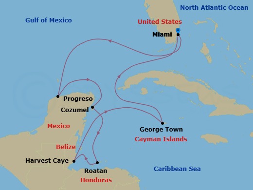 9 Night - Caribbean Yucatn Gems - Oceania Sonata - Starting in Miami, Progreso, Cozumel, Mexico, Roatan, Harvest Caye, George Town, Miami itinerary map
