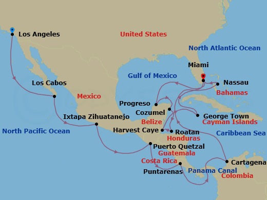 25 Night - Merry Mexico & Canal Crossing - Oceania Sonata - Starting in Los Angeles, Cabo San Lucas, Zihuatanejo (Ixtapa), Puerto Quetzal, Puntarenas, Panama Canal Daylight Transit, Cartagena CO, Nassau, Miami, Progreso, Cozumel, Mexico, Roatan, Harvest Caye, George Town, Miami itinerary map