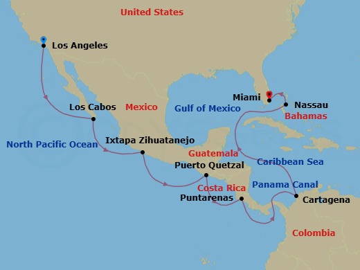16 Night - Pacific to Panama Passage - Oceania Sonata - Starting in Los Angeles, Cabo San Lucas, Zihuatanejo (Ixtapa), Puerto Quetzal, Puntarenas, Panama Canal Daylight Transit, Cartagena CO, Nassau, Miami itinerary map