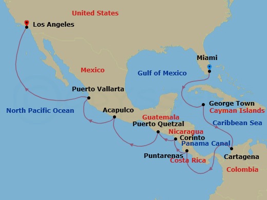 17 Night - Maya Mystique & the Canal - Oceania Sonata - Starting in Miami, George Town, Cartagena CO, Panama Canal Daylight Transit, Puntarenas, Corinto, Puerto Quetzal, Acapulco, Puerto Vallarta, Los Angeles itinerary map